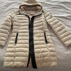Women's Cream Puffer Jacket with Black Accents